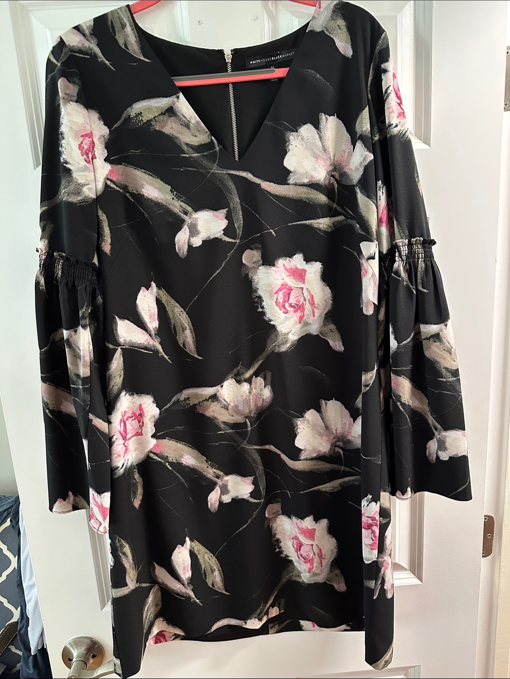 White House Black Market Black Floral Midi Dress with Pink & Cream Blooms